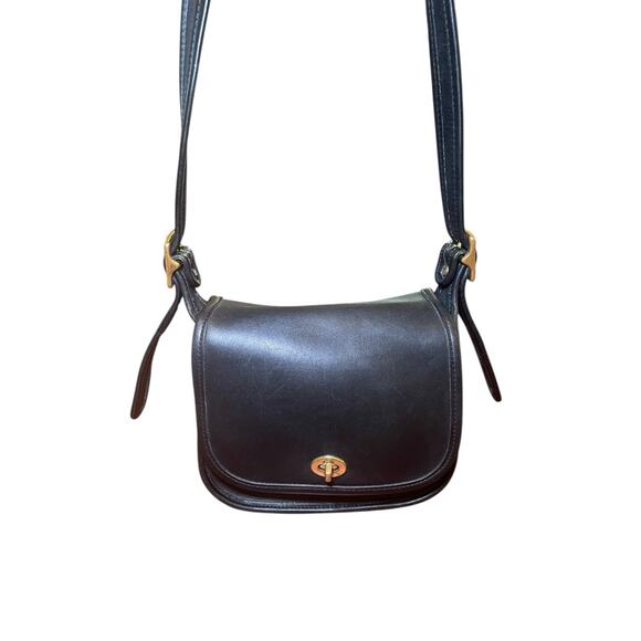 Vintage Coach Legacy Small Flap Black Leather Crossbody Bag Brass Hardwear - Picture 1 of 17